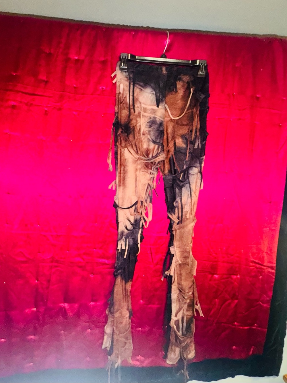 👑 Size Small Women’s Mesh Distressed Tie-Dye Fringe Pants - Brown & Black